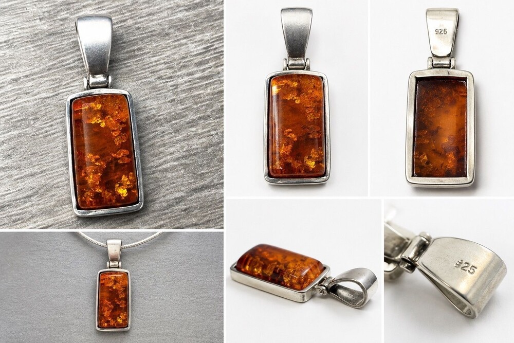 925 Stamped Cognac Amber Pendant – Rectangular Honey Amber